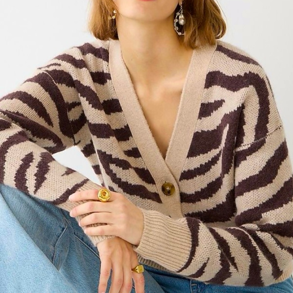 Perfect Condition! J. Crew Ribbed V Neck Zebra Cardigan Cozy Sweater Size XXS